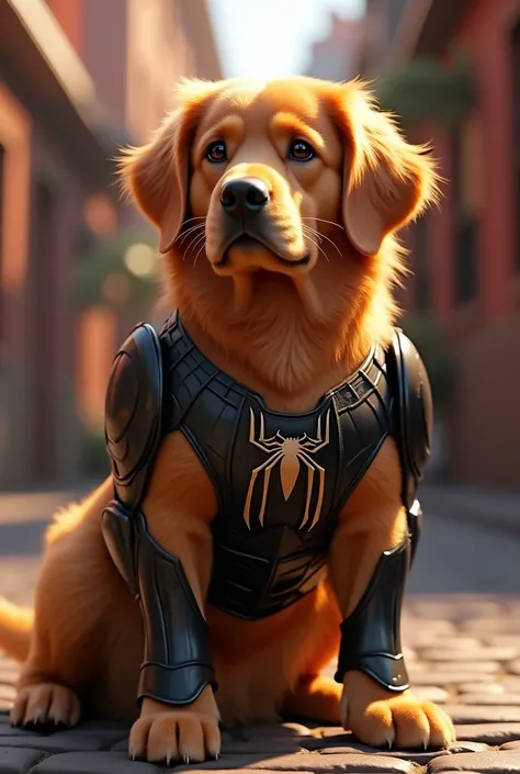 a golden retriever male adult wearing marvel spiderman black armor, disney pixar style, detailed fur texture, cute expression, vibrant colors, intricate details, cinematic lighting, digital art, 8k, best quality, photorealistic