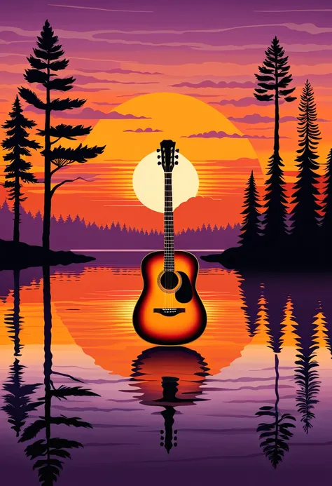 An illustration of a retro sunset with an acoustic guitar punched out of the center. The sky is painted with warm oranges, reds, and purples. There are silhouettes of trees near the lake. The reflection of the sky and trees can be seen on the calm water.