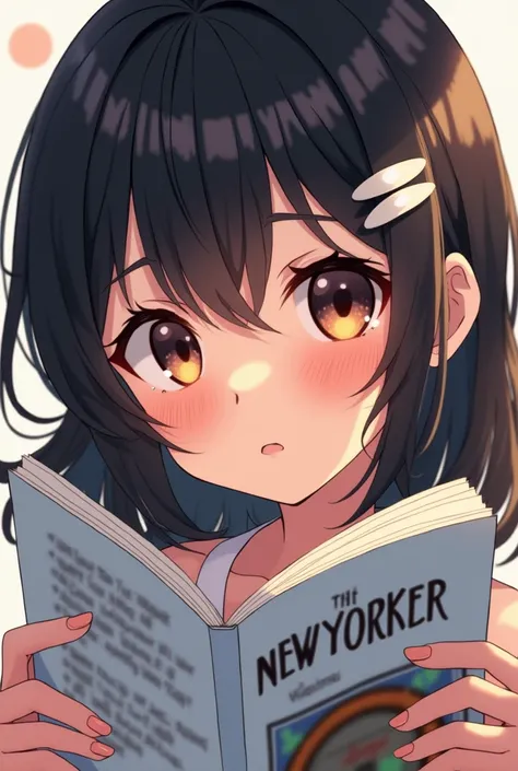 Close up manga image of cute sexy slutty anime girl with a barette in her hair reading New Yorker magazine