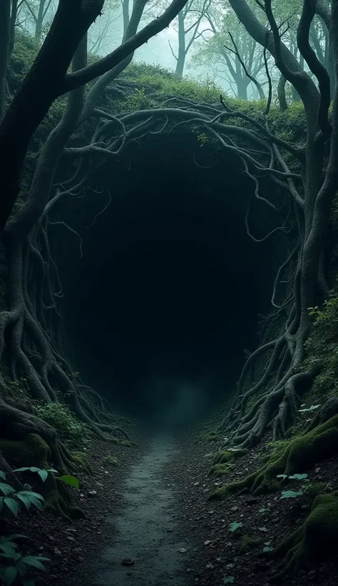 "A dark, mysterious cave entrance surrounded by thick vines and shadows, set deep within a haunted forest. The cave has an ominous look with faint light barely touching the edges inside."
