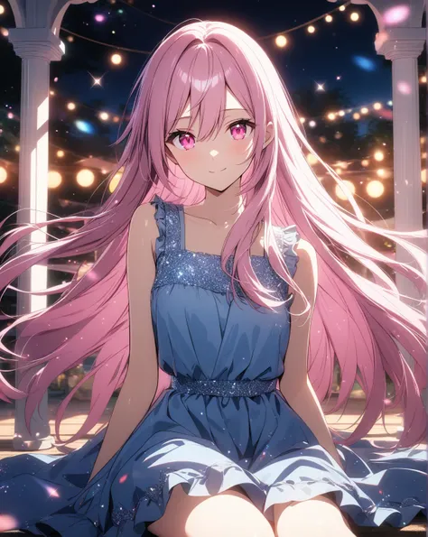 1girl, solo, Pink Shine Bright Hair, hair between eyes, Long hair, loose hair, (Pink shiny Bright Eyes), cute, Mesmerise, Little smile, closed mouth, (pale cheeks), (half body, cowboy shot),  BREAK
(blue dress), BREAK
Sitting in gazebo,  evening, lights, G...