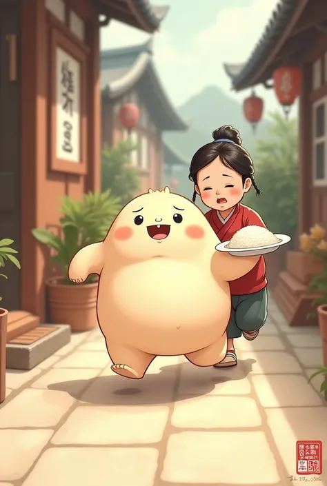 A fat, cute  is running with a plate of rice and being chased by his mother