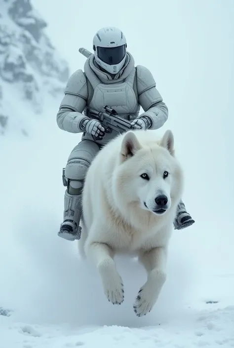 Create a realistic, detailed scene of a futuristic soldier in white, heavily insulated armor, riding a large, fur-covered, dog-like creature through a snowy, stormy environment. The soldier wears a helmet with a reflective visor and holds a futuristic rifl...