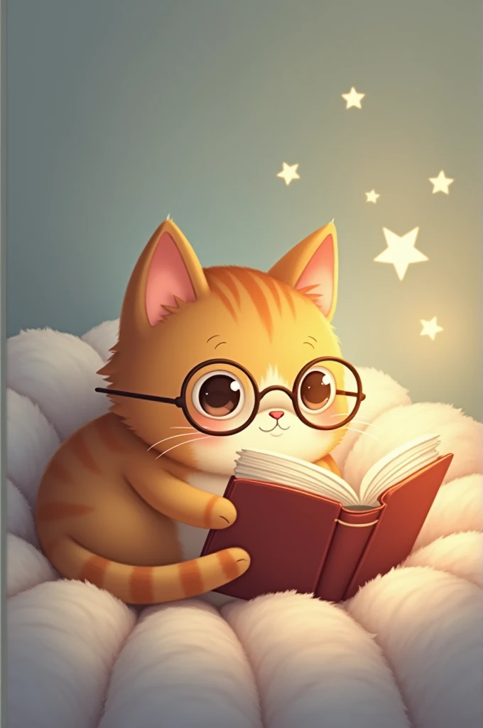 "Draw a cute, dreamy-looking cat with large, round eyes gazing into the distance. The cat is wearing small round glasses that sit slightly down on its nose, giving it an innocent and adorable look. It’s curled up with a book open in its paws, as if lost in...