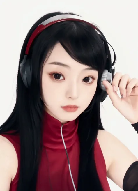 Beautiful girl with long black hair wearing headphones and a red top,  