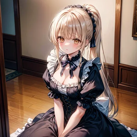 ((Best Quality)), ((masterpiece)), (  Details), Duck、
 long hair、 ponytail、 medium chest、 cleavage、
( Black Victorian Maid Outfit)、 upper body、 standing、
Focus on 、 looking down at it from above、to close range、( slouching 、put your hands on your knees、 cle...