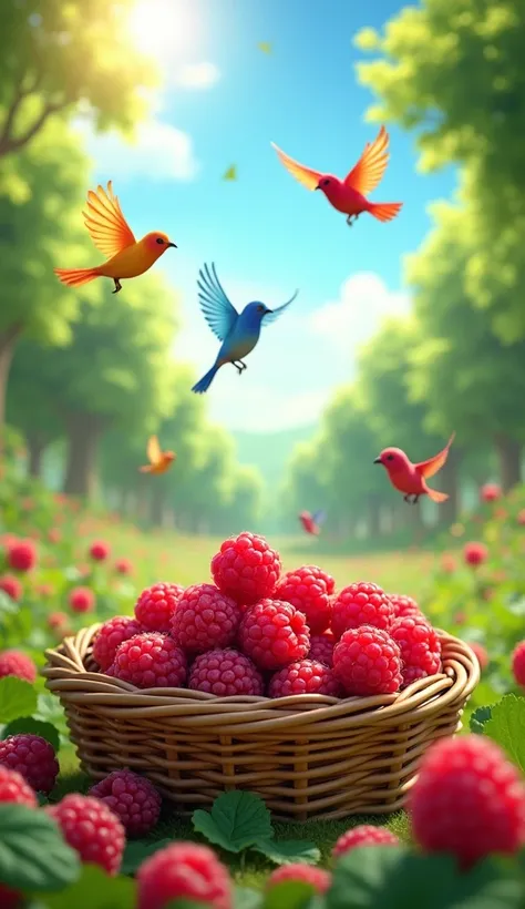 basket of raspberries, the vibrant outdoor scene shows some colorful birds, flying in the bright and sunny sky, surrounded by lush green trees and leaves. The scene is lively and cheerful, full of nature and activity.