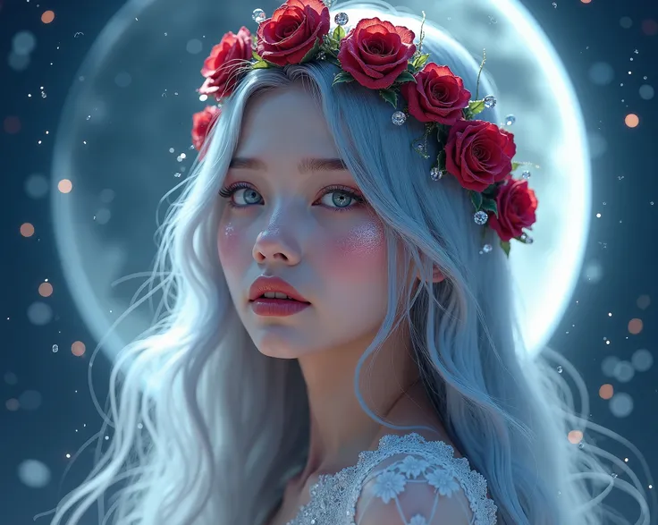 Ultra-realistic ethereal portrait of a stunningly beautiful young woman with angelic features, porcelain-like flawless skin with subtle iridescent sparkles. Her face has perfect symmetry with high cheekbones, full glossy lips with a gentle smile, and capti...