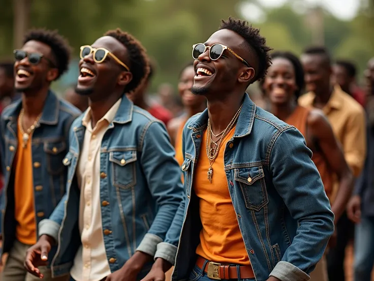 Un groupe dhommes dorigine ivoirienne qui dansent et chantent. Habillés en jeans et lunettes de soleil. Souriants. Des danseuses noirs aussi dansent
