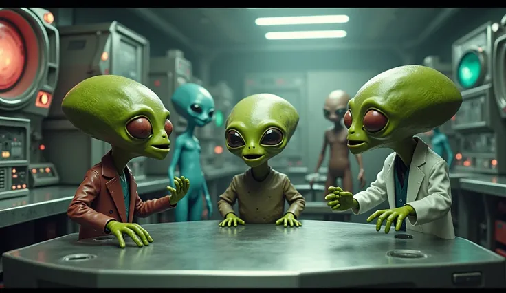 "Three aliens laugh and act scared in a  humans lab filled with strange machines and glowing lights, while curious, puzzled aliens watch them from behind a glass panel. The aliens look confused as the humans joke and pretend to be frightened."