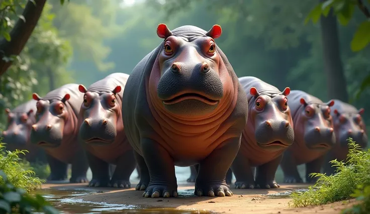 Create a figure of garnetu, a hippo standing in a row