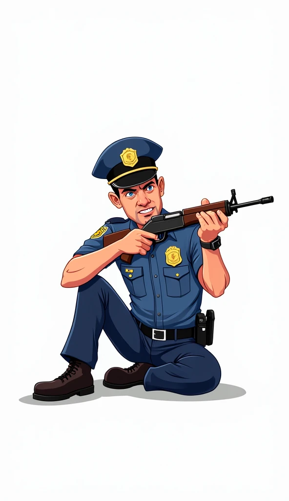 A Cartoon cut police men , white background, sitting on floor, gun in hand , shooting position 