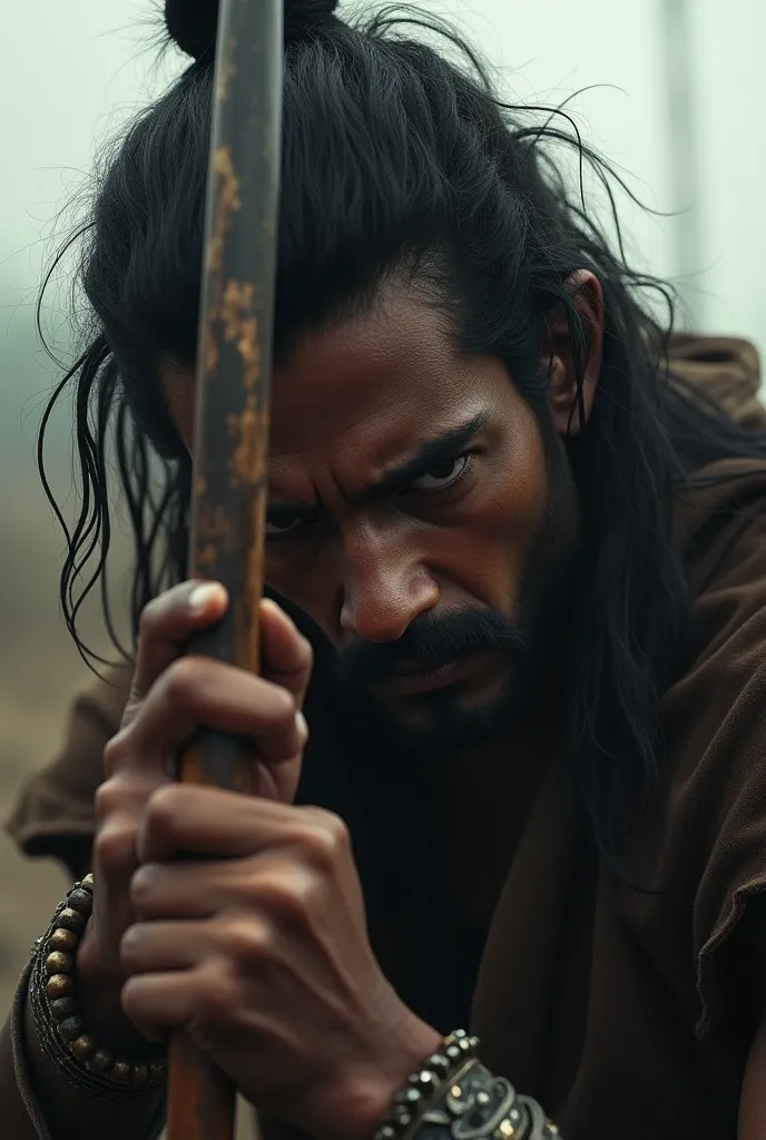 (photorealism:1.2), Karna looks away, his face shadowed with inner turmoil. His hand grips his bow tightly, as if holding onto his sense of duty. The conflict is visible in his eyes, a man torn between loyalty and the truth he has been avoiding. The scene captures his deep, silent struggle, with the battlefield stretching out behind him, empty and desolate.