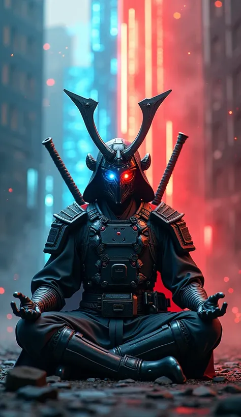 Create a Sci-fi style image of a cyber samurai wearing advanced, technological samurai-style armor and an Oni-inspired high-tech helmet. He sits in a lotus position, his metal left hand resting on his knee, symbolizing his dual nature of good and evil. His...