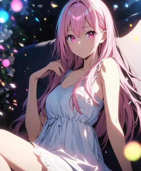 1girl, solo, Pink Shine Bright Hair, hair between eyes, Long hair, loose hair, (Pink shiny Bright Eyes), cute, Mesmerise, Little smile, closed mouth,  (half body, cowboy shot),  BREAK
(summer dress), BREAK
Indoors, sitting on sofa, Glitter particles, (Shim...