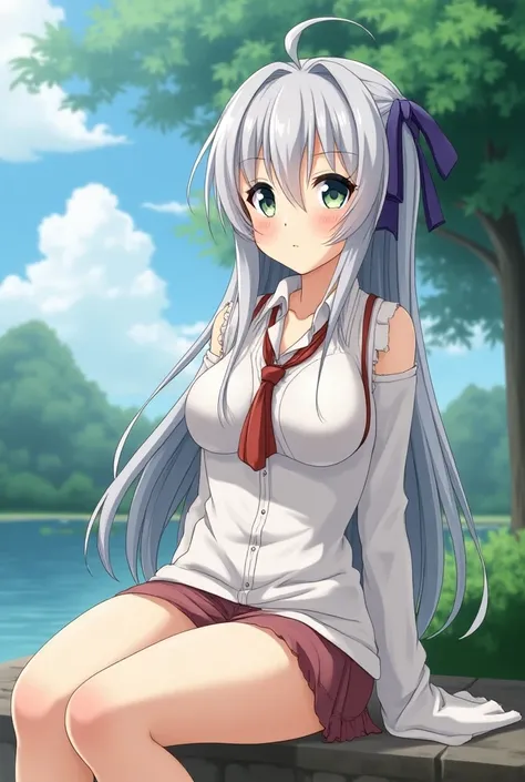 Grey-haired big-breasted girl anime character having sex outdoors