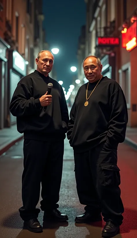 fisheye street photography, shot from above angle, two man like a Putin and Kim Jong Un standing together holding a mic in hip-hop styles (oversized black crewneck, large baggy pants), full speaker soundsystem backdrop, standing in a urban street alley nig...