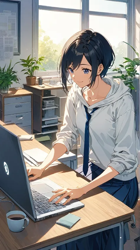 A detailed anime-style illustration of a young man and woman in a bright, modern office setting. The young man, seated at a desk, has short black hair, wears a light hoodie over a casual T-shirt, and has a gentle smile while looking at a computer screen. B...