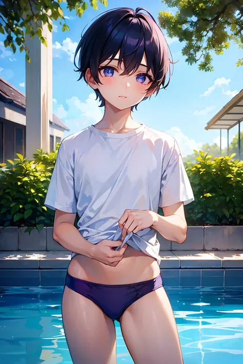 a boy in a white shirt and navy purple underwear, by the poolside, ((beautiful eyes)), ((best quality)), ((masterpiece))