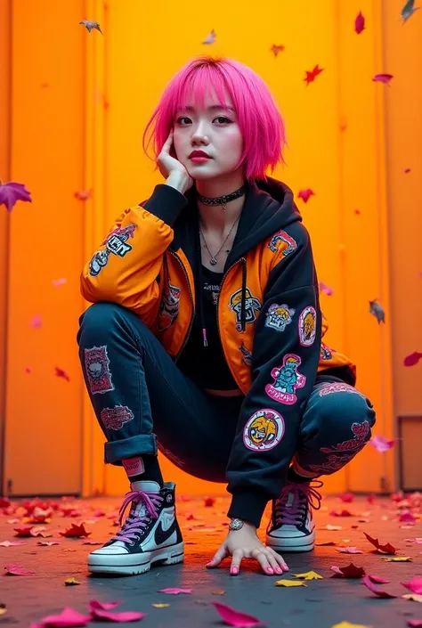 Against the bright orange live stage、 shoelaces and decorations are colorful and playful 。 blends into the overall 、 shows a big 、 The background looks like autumn leaves are flying 。What to wear、 A beautiful Japanese girl is drawn in a pop style 、 in a st...