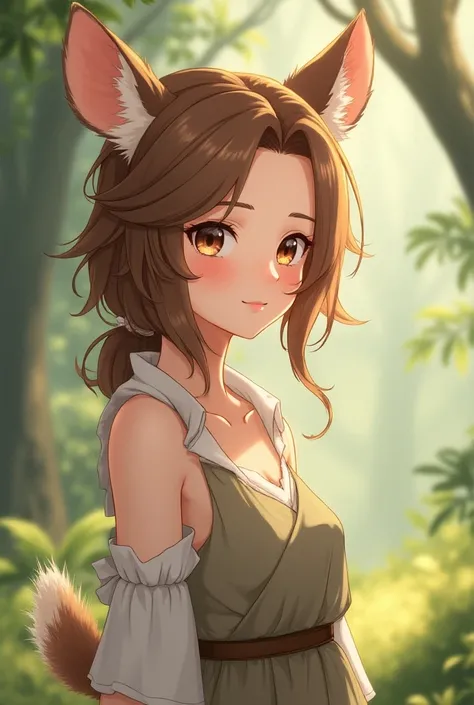  Create a female anime character for me ( young adults ) As a deer hybrid .  That means deer ears ,  a deer tail and deer inspired clothing (No antlers !!!!).  She has brown hair with side parting and dark brown eyes