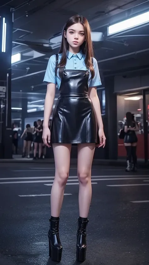  full body  , fitted figure , cute beautiful tern girl,  beautiful cute teen faces with big lips ,  blue sexy military leather skater  pinafore dress,  short  sleeves ,  bleck leather short  skater skirt, red tie , brunette long hair,  Beautiful eyes. stoc...