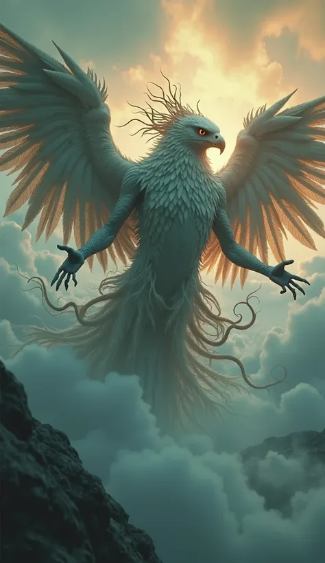 In an ethereal sky ,  a hybrid creature emerged from the shadows ,  fruit of the union between Medusa and the Eagle .  Its body is a dreamlike fusion of plumes and scales ,  with wings that stretch like clouds and serpents that wriggle like living roots.

...