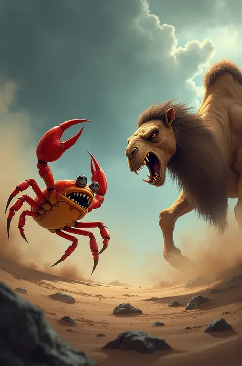 A tense scene where an angry crab and an equally furious camel are facing off against each other. The crab’s pincers are raised menacingly, while the camel glares with narrowed eyes, its teeth bared and neck arched. They are positioned on a rugged desert t...