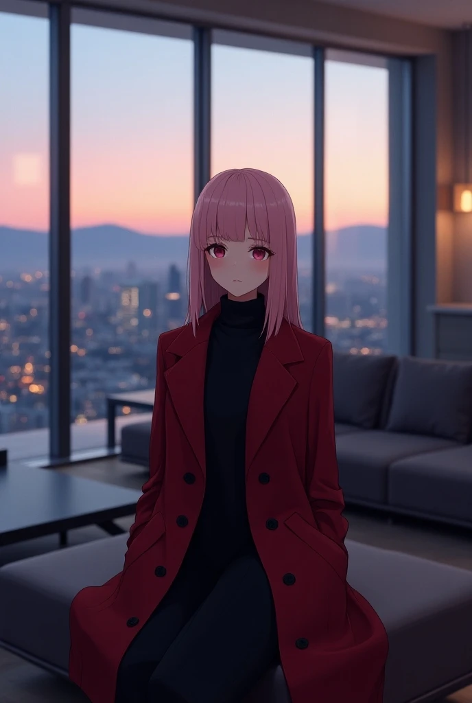 straight hair, light pink hair, wearing overcoat, buttoned up dark red coat, black jumper under coat rose eyes, sitting in a large, lively, modern living room on a high skyscraper with dark grey, rectangular couches and a small coffee table. A very large g...