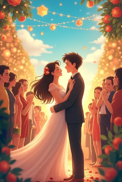 Nena (a kind-hearted young woman) and Deogracias (a playful young man) happily preparing for their wedding, surrounded by friends and family in a festive atmosphere. Style: Anime-inspired rens book illustration.