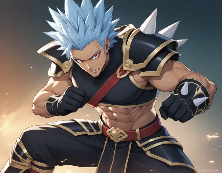 score_9, score_8_up, score_7_up, source_anime, BREAK 1man, heroic ikemen, solid dude, light blue hair, spiked hair slicked back, forehead, tsurime, blue eyes, toned body, tanned skin, red eyes, sharp eyes, 30yo, BREAK abs, black armor, croptop armor, sleev...