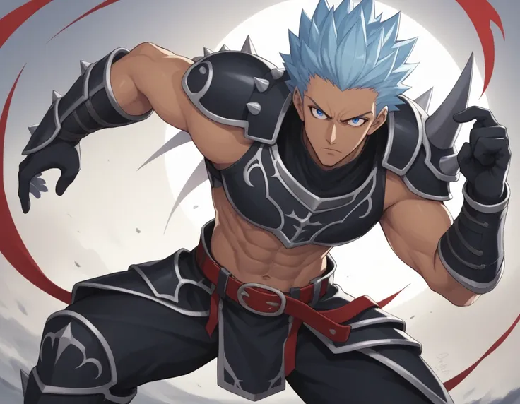 score_9, score_8_up, score_7_up, source_anime, BREAK 1man, heroic ikemen, solid dude, light blue hair, spiked hair slicked back, forehead, tsurime, blue eyes, toned body, tanned skin, red eyes, sharp eyes, 30yo, BREAK abs, black armor, croptop armor, sleev...