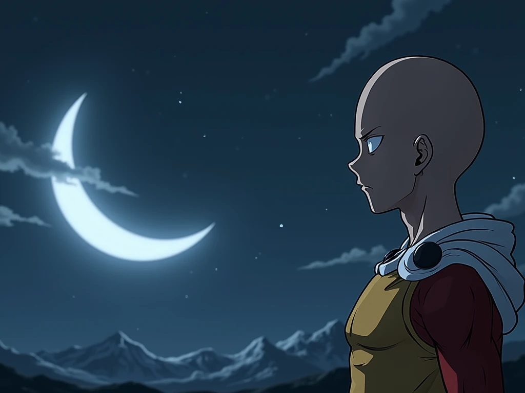 One Punch Man looking at the Moon on one side and him on the other