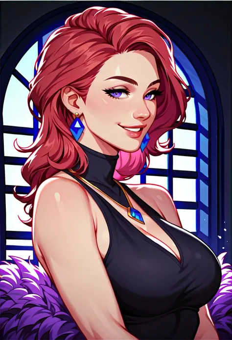 a mature woman, long red hair, purple lilac eyes, wearing a black sleeveless turtle neck dress, breast window, smiling softly, beautiful eyes, medium breast, background in a club, wearing a small pendant on her dress,