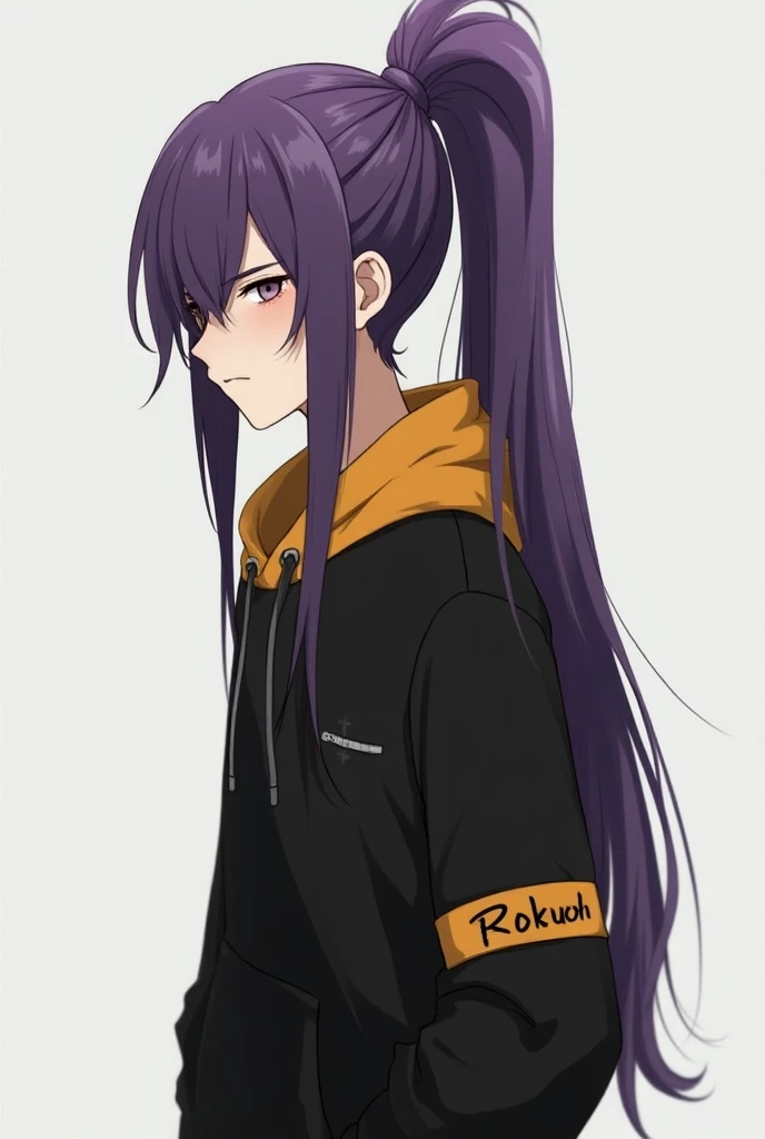 Haikyuu character with long purple hair tied up in a man bun, first year high schooler, tired look, wearing a black and yellow hoodie named Roku on the side of the patch, man