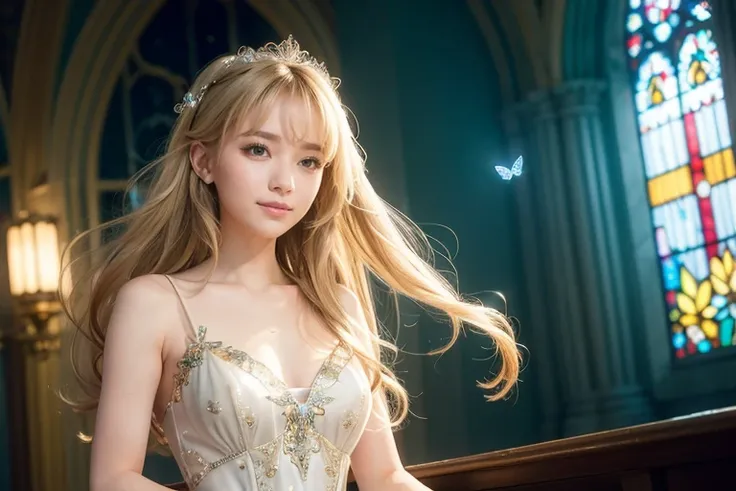 1 person, masterpiece,  very detailed, (( Movie Lighting)), (Shine), ((Of dramatic lighting)), ((beautiful delicate Shine)),  intricate detail ,  lens flare , blonde, Long Hair,  colorful  dresses,  butterfly  hair ornament,  butterfly , (Particles of ligh...