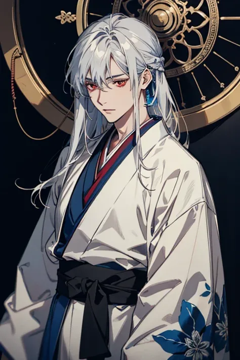 A picture of a Japanese-style man,front,  cool, Red Eyes,Long silver hair, intricate detail , Black background,  healthy body, Wire,  Very Detailed, head, Wearing a kimono,breathtaking,  Clear Focus , Glass Art, Red and Blue,  intricate detail ,  Most Beau...