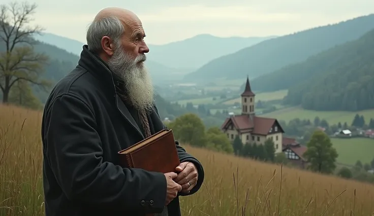  Alois Irlmaier aged 50 to 60 is bald on the top of his head ,  with short gray hair on the sides and a thick gray beard that highlights his stiff and mature features. He is on a hill covered by tall grass ,  looking at the valley below ,  where a small vi...