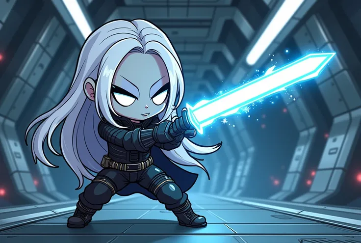  Create a chibi-style illustration /cartoon de um " Drow". He has gray skin ,   long white hair,   completely white and luminous eyes .  He wears a black cyberpunk outfit ,  with gloves and military boots .   He wields a transparent katana of bluish energy...