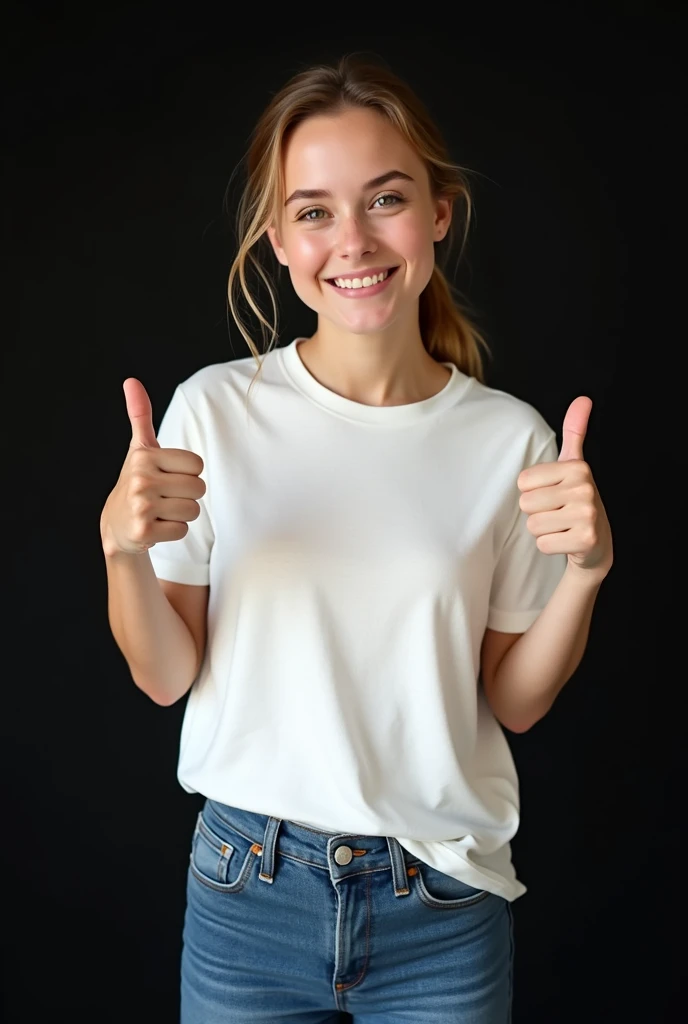  North American girl with white skin ,  wearing a short sleeve white t-shirt or polo,  with round neck or v cotton fabric,  jean pants,  polo off the pants, Full visible polo, looking ahead smiling, Hands away from the chest, giving a thumbs up with both h...