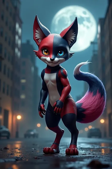 A hybrid animal with a fox-like body, combining Deadpools iconic black and red colors with Harley Quinn’s contrasting color scheme. The creature has mismatched eyes, one dark and the other a playful blue, with a mask-like pattern around them. Its tail is s...