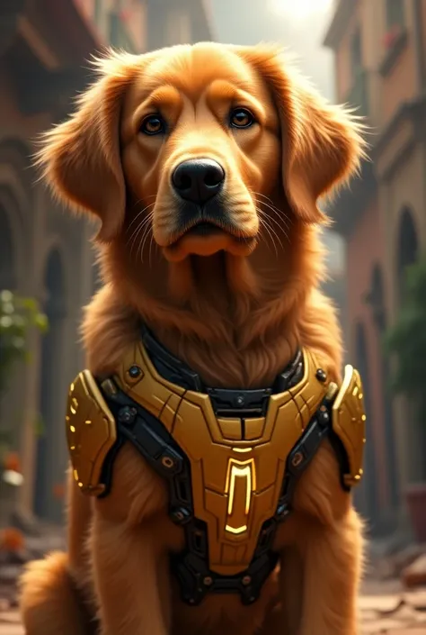 a golden retriever male adult wearing dc cyborg armor, disney pixar style, detailed fur texture, cute expression, vibrant colors, intricate details, cinematic lighting, digital art, 8k, best quality