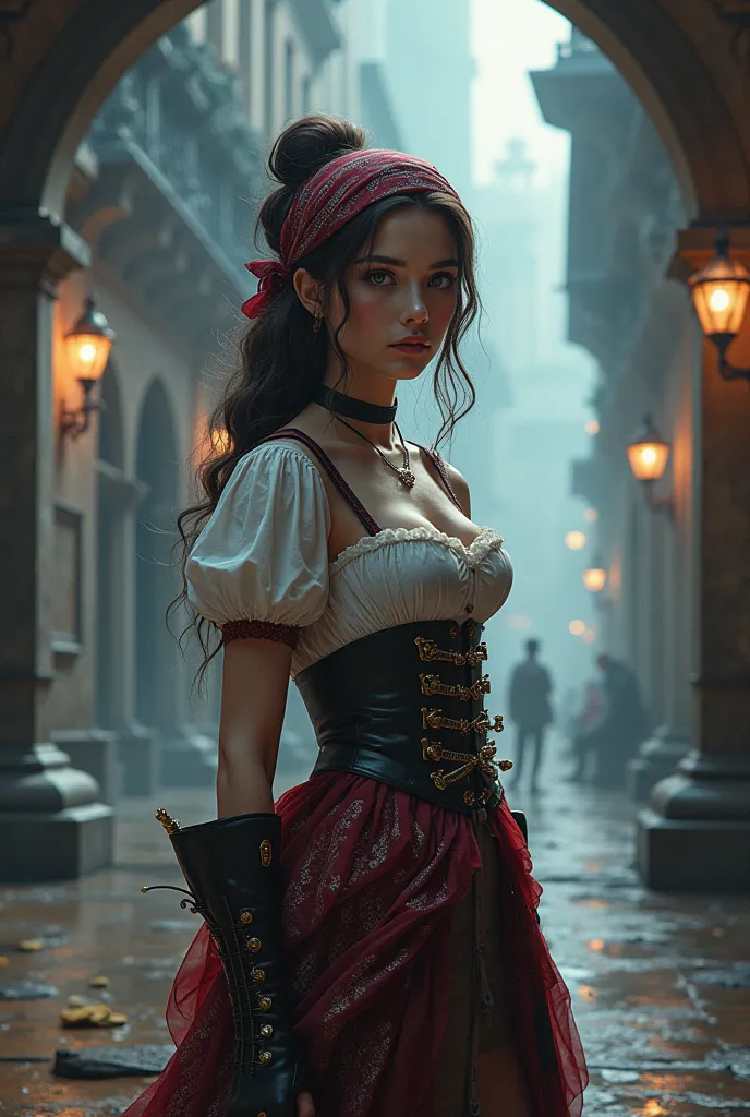 photo realistic a junior high student in pirate uniform and bandana steampunk style,stunning goddess beauty, kaleidoscopic time ...