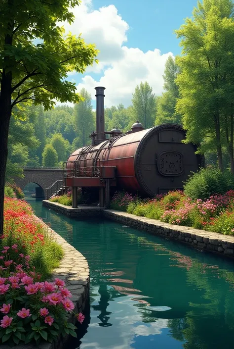 A colorfull Horizontal  Steam Boiler situated in garden beside a canal and many grean tree and colorfull flower landscape  picture 