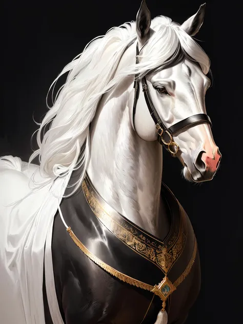 there is a drawing of a horse black a long mane, Arab, horse, beautiful serene horse, Handsome beautiful and realistic  , a black painting, digital horse, beautiful horse, Airbrush illustration, HD illustrations, Flowing mane,  drawn in Photoshop , black h...