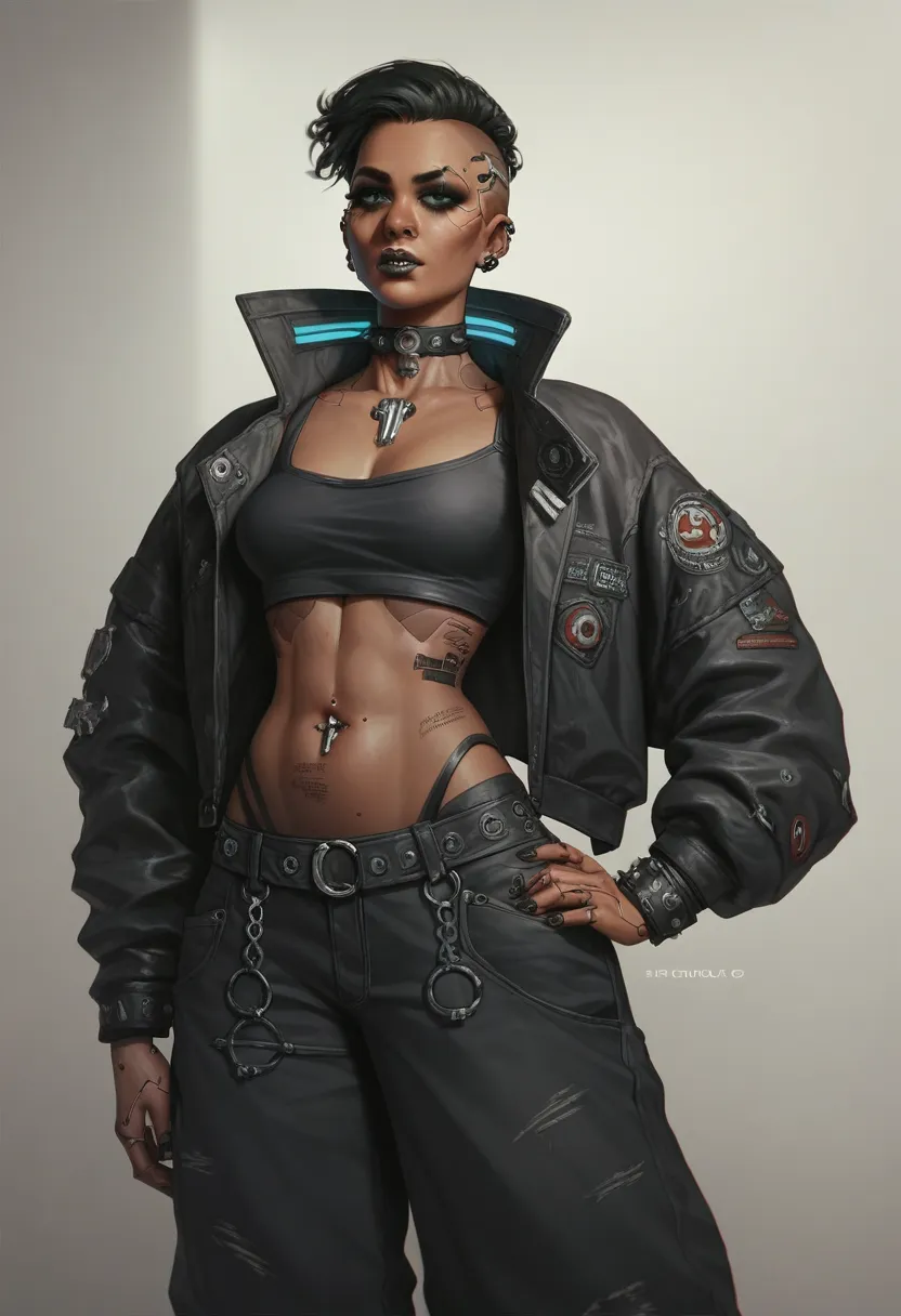 An girl outfit for a character from the series arcane, grunge/goth dark clothes, dark skin, dark , fluo, baggy pants and clothes, detailed clothes, cyberpunk, very detailed