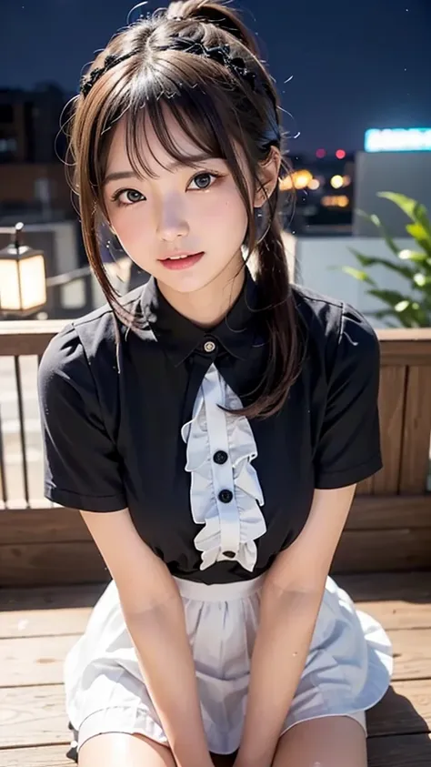 (masterpiece, Best Quality:1.2), 8K, 1 girl, 1 Japanese girl, 85 mm, Official art, Raw photo, Pretty Face, close up, face focus, cute Girl, Cinch waist, beauty thighs, soaking wet, sweat, medium breasts, white frilled blouse, button blouse, short sleeves, ...