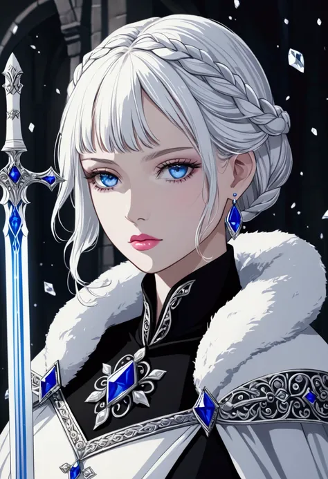 It was medieval, fantasy. Woman with skin as white as snow, short platinum hair with a braid, cold gaze, blue eyes like sapphire, pink lips, crystal earrings. Black uniform, white cape. Crystal clear white sword.