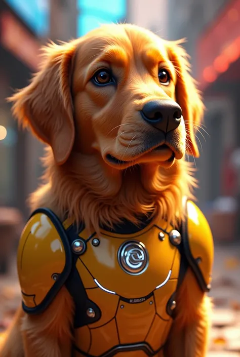 a golden retriever male adult wearing dc cyborg armor, disney pixar style, detailed fur texture, cute expression, vibrant colors, intricate details, cinematic lighting, digital art, 8k, best quality