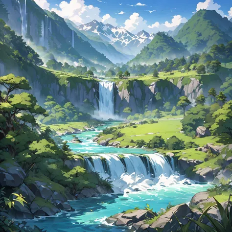 landscape. Mountains, waterfall, a river, jungle